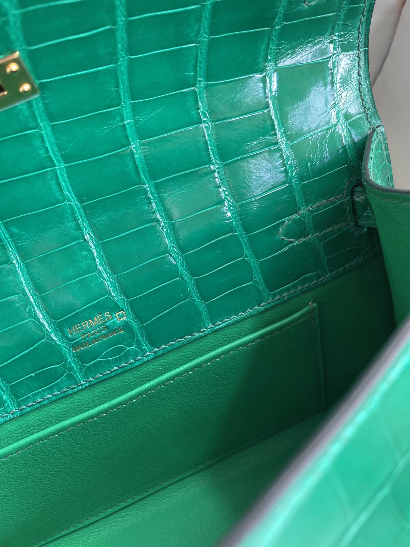 Hermes Mini Kelly Pochette 22cm Bag In Vert Emeraude Shiny Alligator Leather